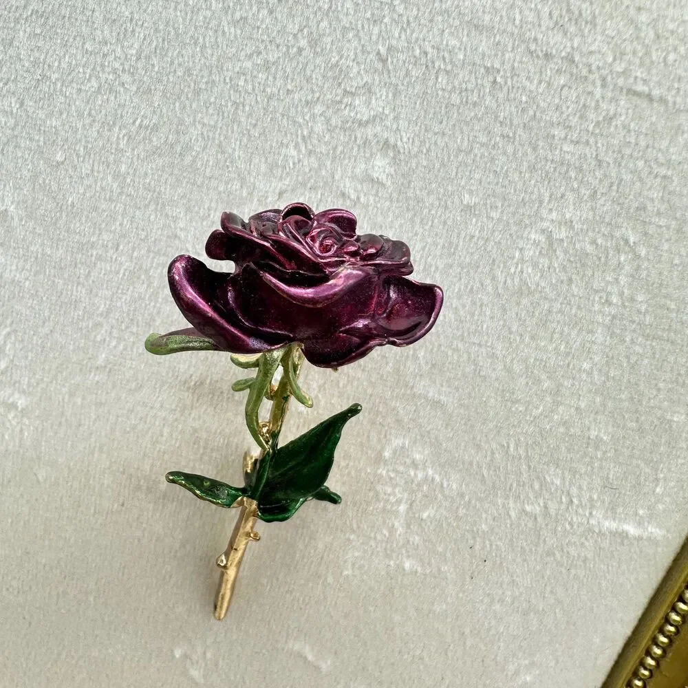 Purple Single Stem Rose Flower Brooch Lapel Royalty Enchantment Enchanted Era - Picture 4 of 5